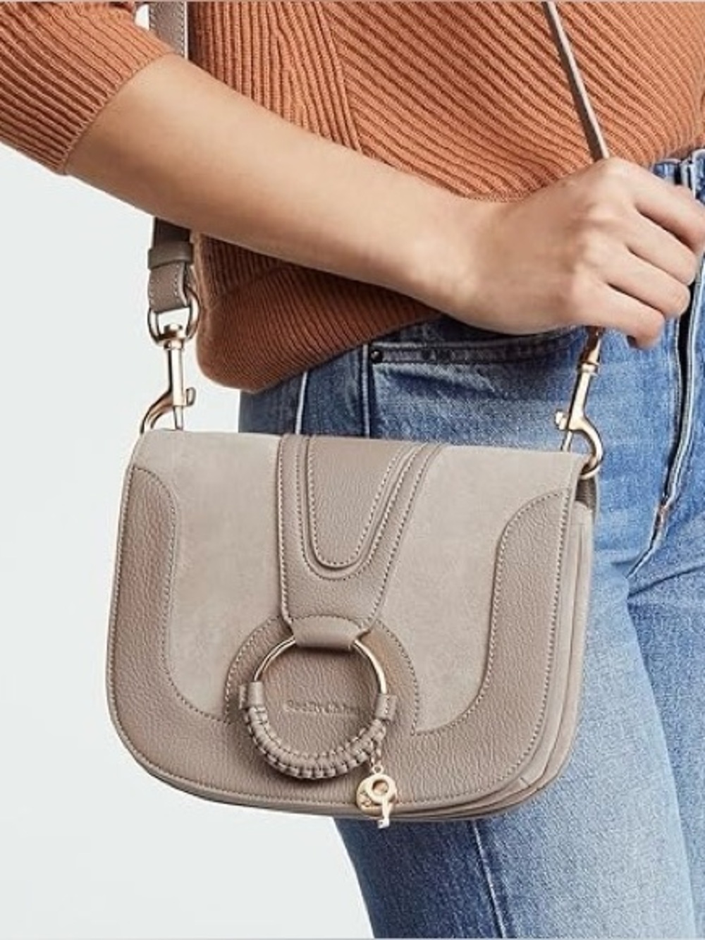 New See by Chloé Hana Suede & Leather Shoulder Bag in Motty Grey - Picture 2 of 16